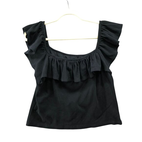 United Colors Of Benneton Off Shoulder Ruffle Top Womens XL Black Cropped - Picture 2 of 8